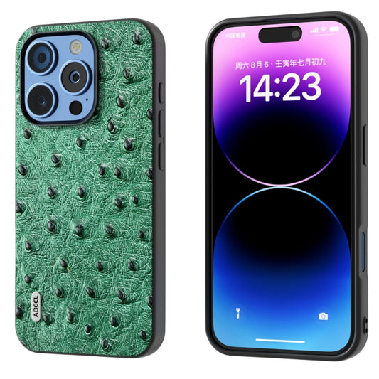 ABEEL Genuine Leather Ostrich Texture Phone Case, For iPhone 16 Pro Max, For iPhone 16 Pro, For iPhone 16 Plus, For iPhone 16, For iPhone 15 Pro Max, For iPhone 15 Pro