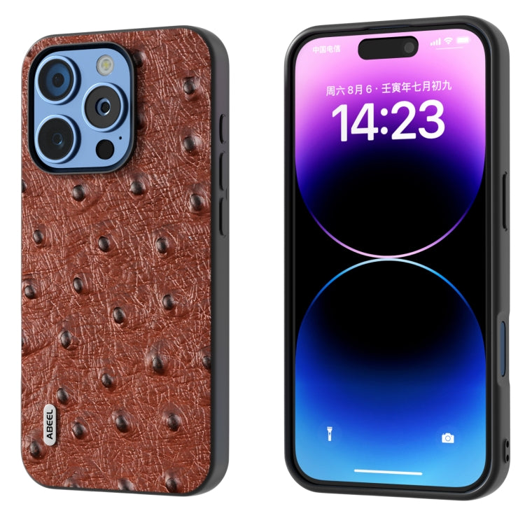 ABEEL Genuine Leather Ostrich Texture Phone Case, For iPhone 16 Pro Max, For iPhone 16 Pro, For iPhone 16 Plus, For iPhone 16, For iPhone 15 Pro Max, For iPhone 15 Pro