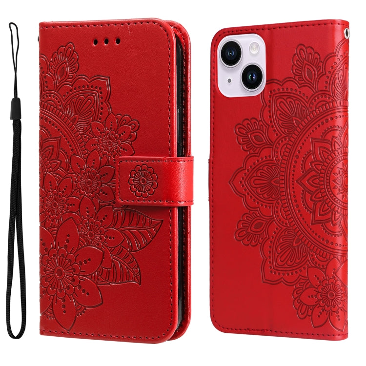 Seven-petal Flowers Embossing Leather Phone Case, For iPhone 15