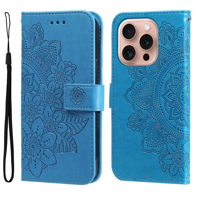 Seven-petal Flowers Embossing Leather Phone Case, For iPhone 17 Air, For iPhone 16 Pro Max, For iPhone 16 Pro, For iPhone 16 Plus
