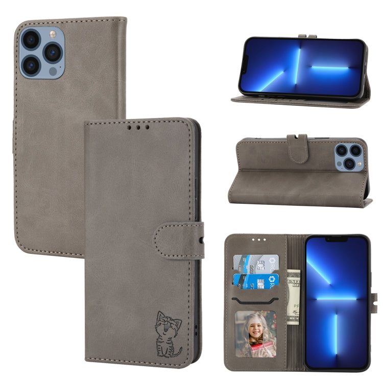 Embossed Happy Cat Pattern Flip Leather Phone Case, iPhone 16e, For iPhone 16 Pro Max, For iPhone 16 Pro, For iPhone 16