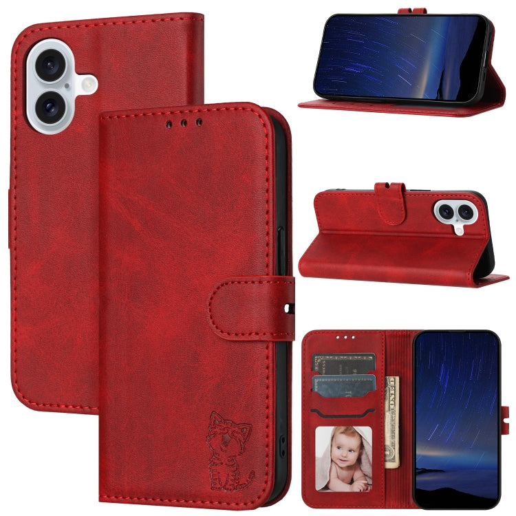 Embossed Happy Cat Pattern Flip Leather Phone Case, iPhone 16e, For iPhone 16 Pro Max, For iPhone 16 Pro, For iPhone 16
