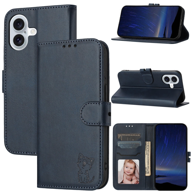 Embossed Happy Cat Pattern Flip Leather Phone Case, iPhone 16e, For iPhone 16 Pro Max, For iPhone 16 Pro, For iPhone 16