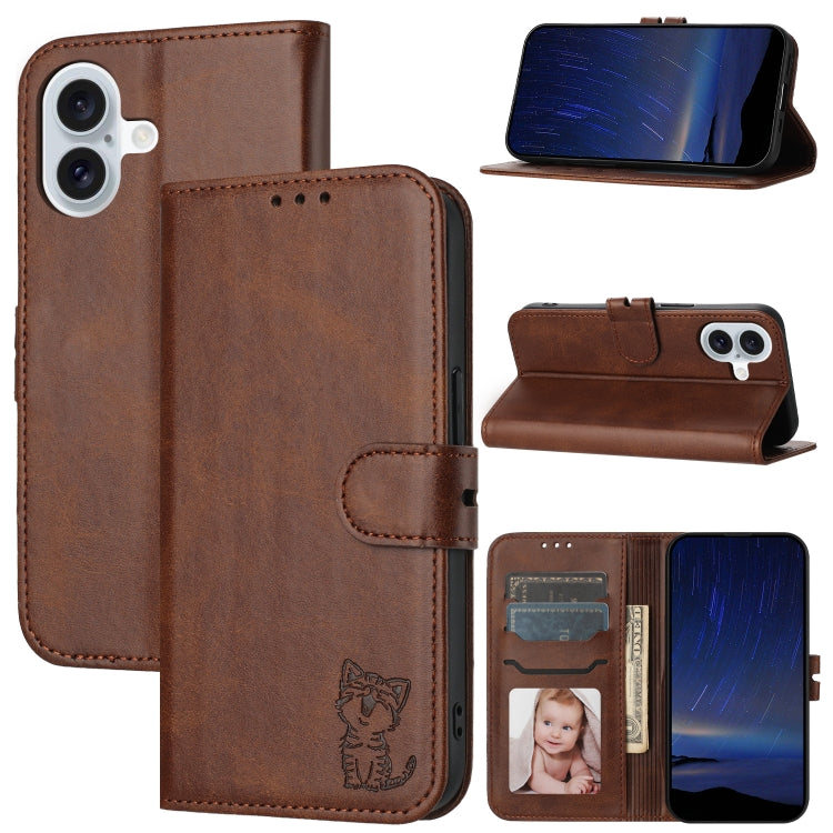 Embossed Happy Cat Pattern Flip Leather Phone Case, iPhone 16e, For iPhone 16 Pro Max, For iPhone 16 Pro, For iPhone 16