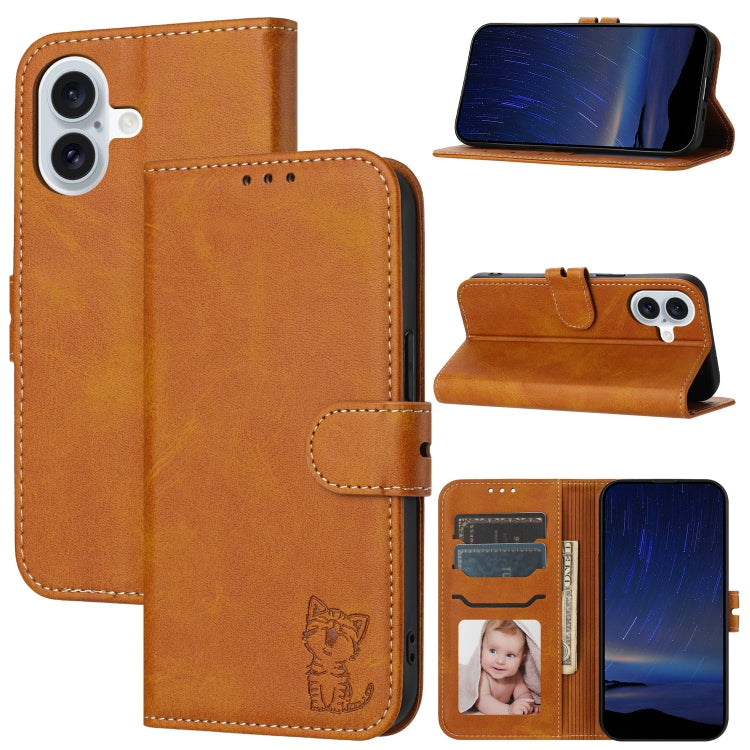 Embossed Happy Cat Pattern Flip Leather Phone Case, iPhone 16e, For iPhone 16 Pro Max, For iPhone 16 Pro, For iPhone 16