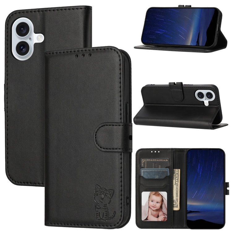 Embossed Happy Cat Pattern Flip Leather Phone Case, iPhone 16e, For iPhone 16 Pro Max, For iPhone 16 Pro, For iPhone 16