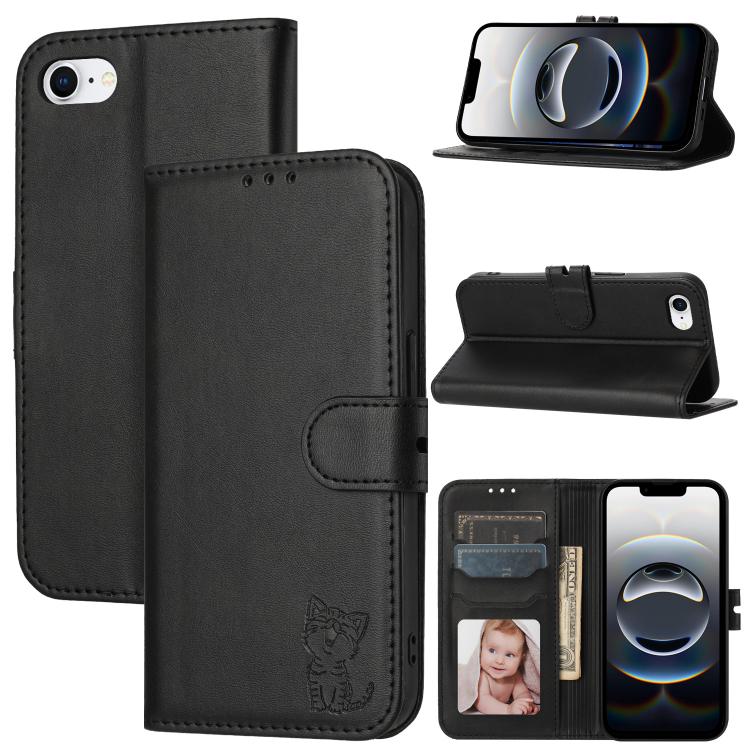 Embossed Happy Cat Pattern Flip Leather Phone Case, For iPhone 17 Pro Max, For iPhone 17 Pro, For iPhone 17, For iPhone 17 Air
