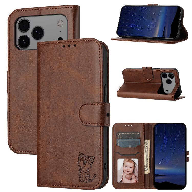 Embossed Happy Cat Pattern Flip Leather Phone Case, For iPhone 17 Pro Max, For iPhone 17 Pro, For iPhone 17, For iPhone 17 Air