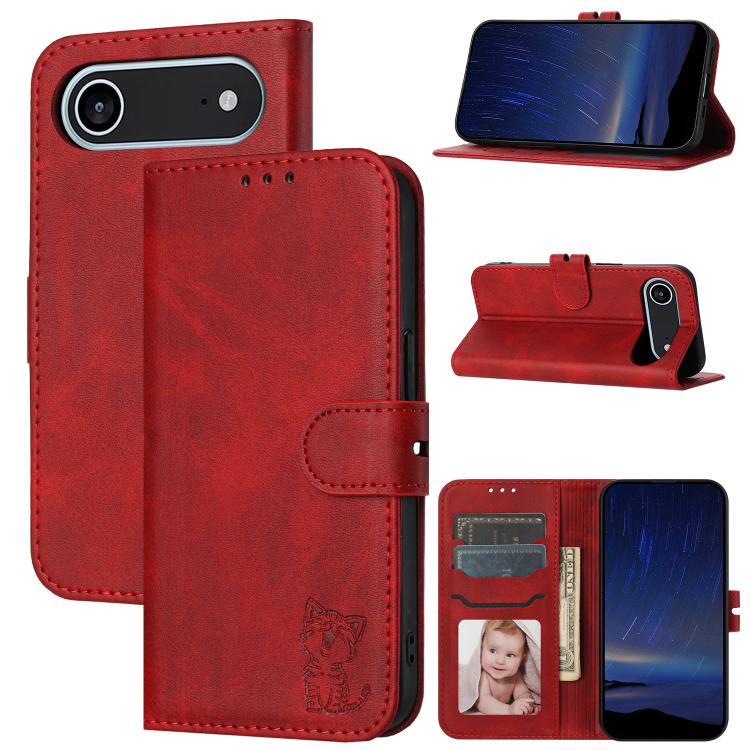 Embossed Happy Cat Pattern Flip Leather Phone Case, iPhone 16e, For iPhone 16 Pro Max, For iPhone 16 Pro, For iPhone 16