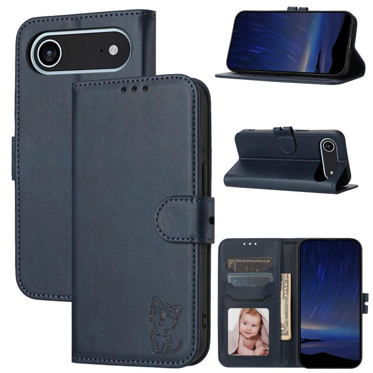 Embossed Happy Cat Pattern Flip Leather Phone Case, iPhone 16e, For iPhone 16 Pro Max, For iPhone 16 Pro, For iPhone 16