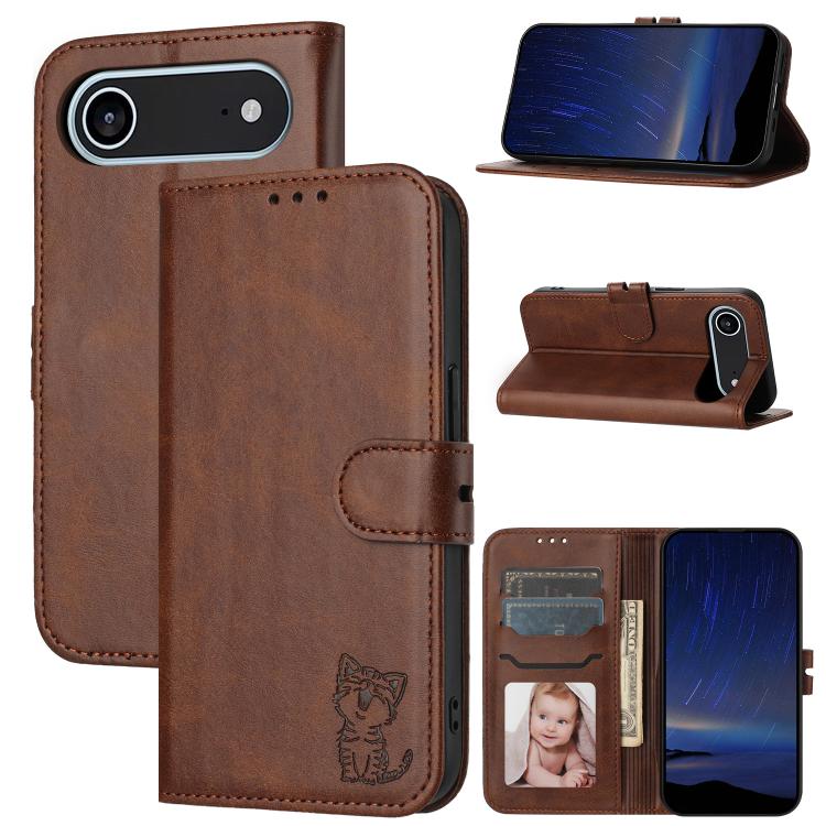 Embossed Happy Cat Pattern Flip Leather Phone Case, iPhone 16e, For iPhone 16 Pro Max, For iPhone 16 Pro, For iPhone 16