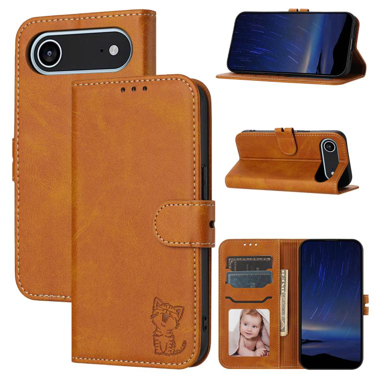 Embossed Happy Cat Pattern Flip Leather Phone Case, iPhone 16e, For iPhone 16 Pro Max, For iPhone 16 Pro, For iPhone 16