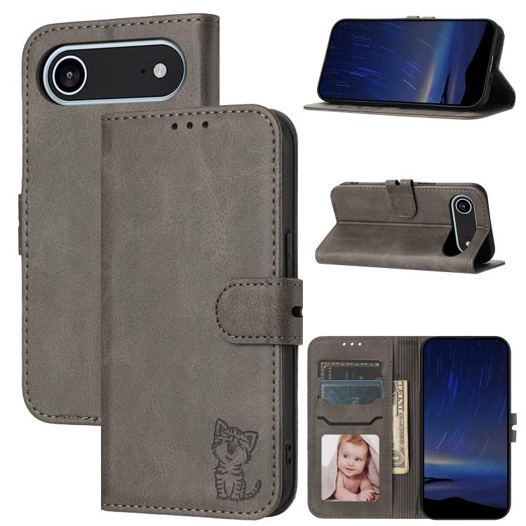 Embossed Happy Cat Pattern Flip Leather Phone Case, iPhone 16e, For iPhone 16 Pro Max, For iPhone 16 Pro, For iPhone 16