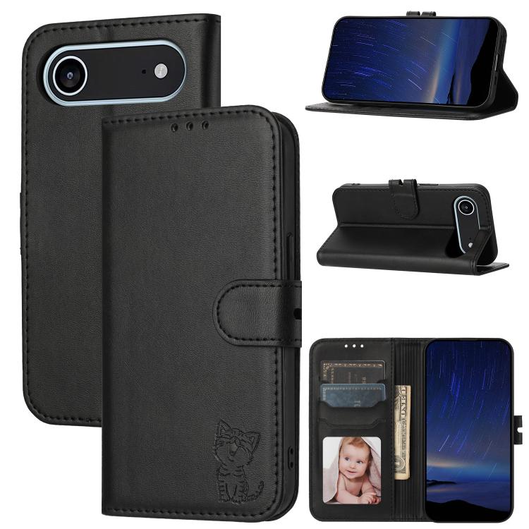 Embossed Happy Cat Pattern Flip Leather Phone Case, iPhone 16e, For iPhone 16 Pro Max, For iPhone 16 Pro, For iPhone 16