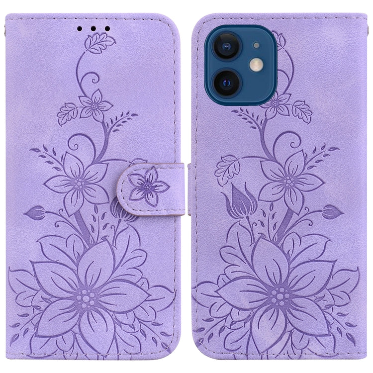Lily Embossed Leather Phone Case, For iPhone 13, For iPhone 13 mini, For iPhone 12 / 12 Pro, For iPhone 12 Pro Max