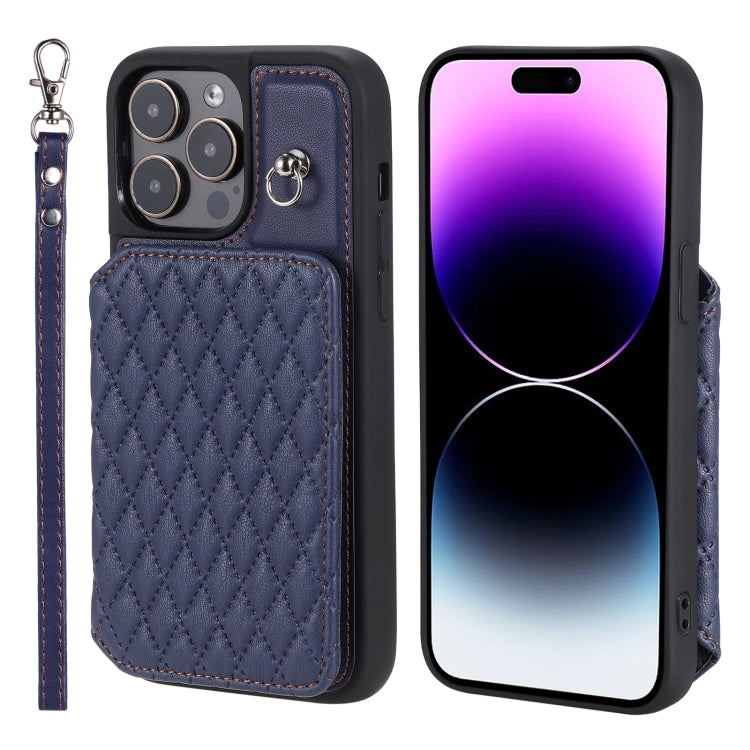 Grid Texture Card Bag Phone Case with Lanyard