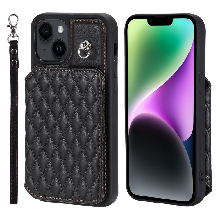 Grid Texture Card Bag Phone Case with Lanyard