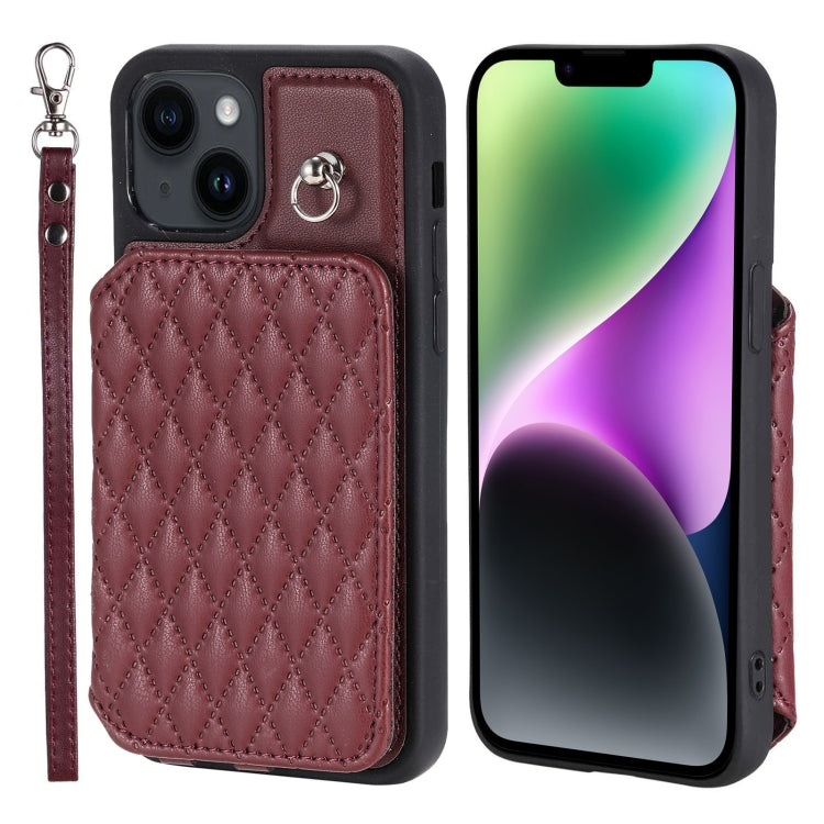 Grid Texture Card Bag Phone Case with Lanyard