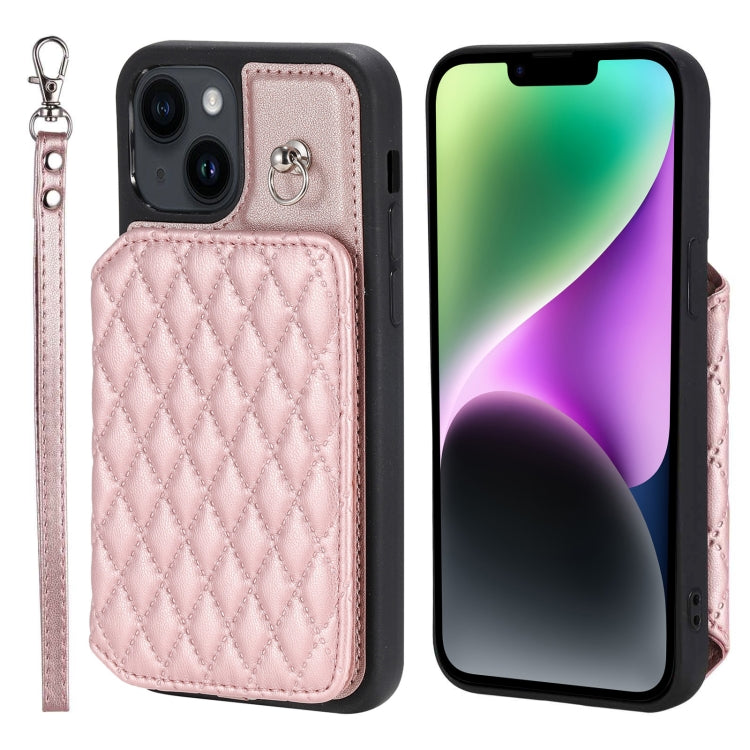 Grid Texture Card Bag Phone Case with Lanyard