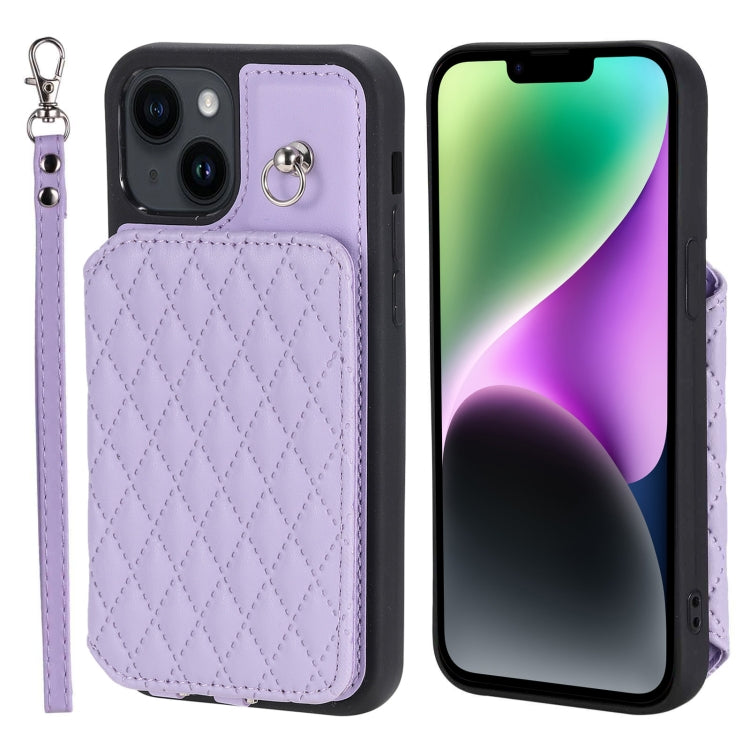 Grid Texture Card Bag Phone Case with Lanyard