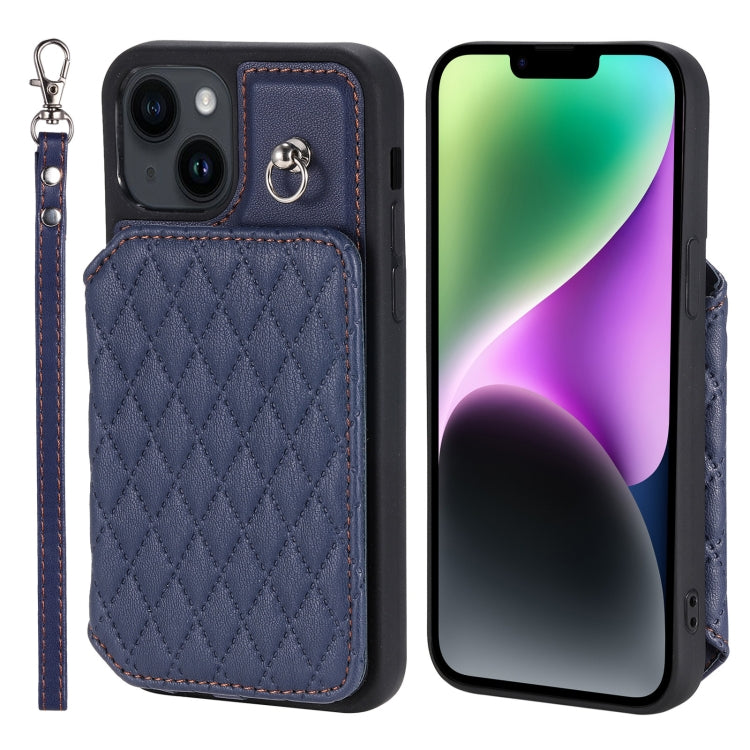 Grid Texture Card Bag Phone Case with Lanyard