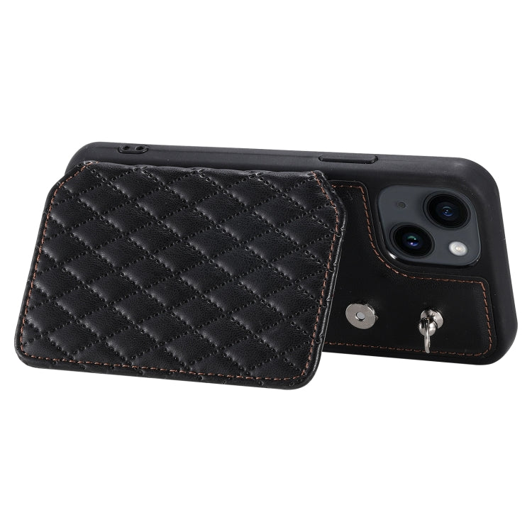 Grid Texture Card Bag Phone Case with Lanyard, For iPhone 14, For iPhone 14 Pro, For iPhone 14 Pro Max, For iPhone SE 2022 / 2020 / 8 / 7