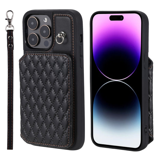 Grid Texture Card Bag Phone Case with Lanyard, For iPhone 13 Pro Max, For iPhone 13 Pro, For iPhone 13, For iPhone 12 / 12 Pro