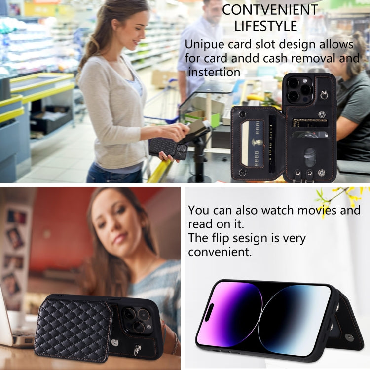 Grid Texture Card Bag Phone Case with Lanyard, For iPhone 13 Pro Max, For iPhone 13 Pro, For iPhone 13, For iPhone 12 / 12 Pro
