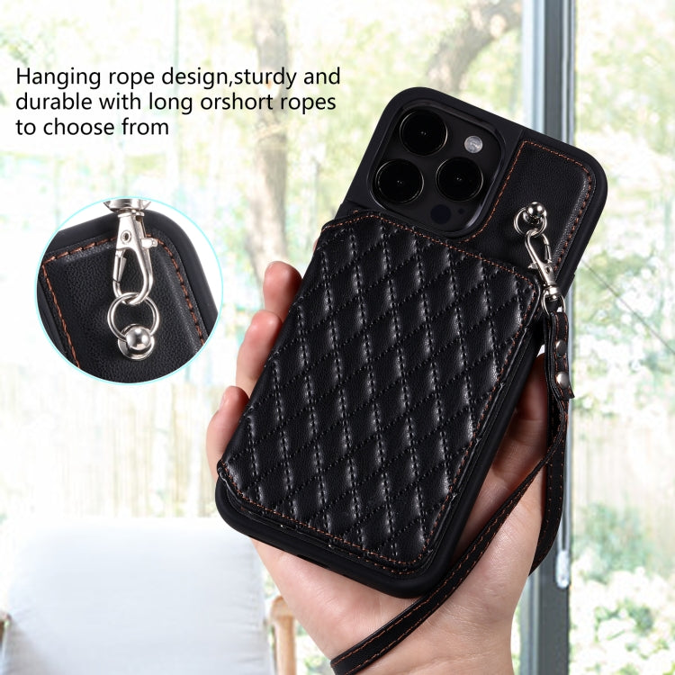Grid Texture Card Bag Phone Case with Lanyard, For iPhone 13 Pro Max, For iPhone 13 Pro, For iPhone 13, For iPhone 12 / 12 Pro