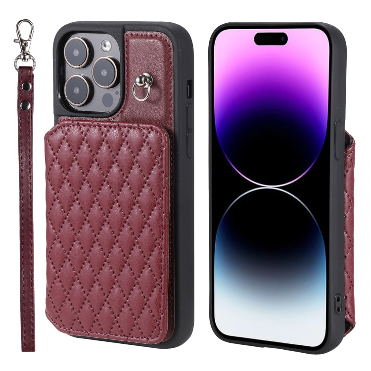 Grid Texture Card Bag Phone Case with Lanyard, For iPhone 13 Pro Max, For iPhone 13 Pro, For iPhone 13, For iPhone 12 / 12 Pro