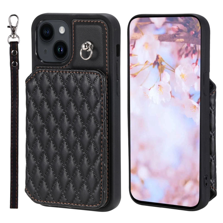 Grid Texture Card Bag Phone Case with Lanyard, For iPhone 13 Pro Max, For iPhone 13 Pro, For iPhone 13, For iPhone 12 / 12 Pro