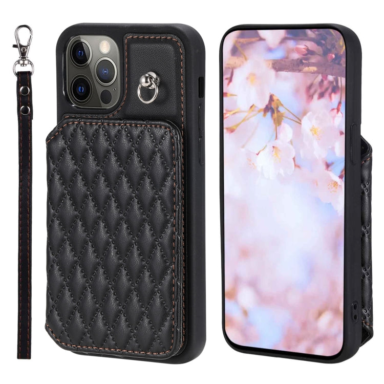 Grid Texture Card Bag Phone Case with Lanyard, For iPhone 13 Pro Max, For iPhone 13 Pro, For iPhone 13, For iPhone 12 / 12 Pro