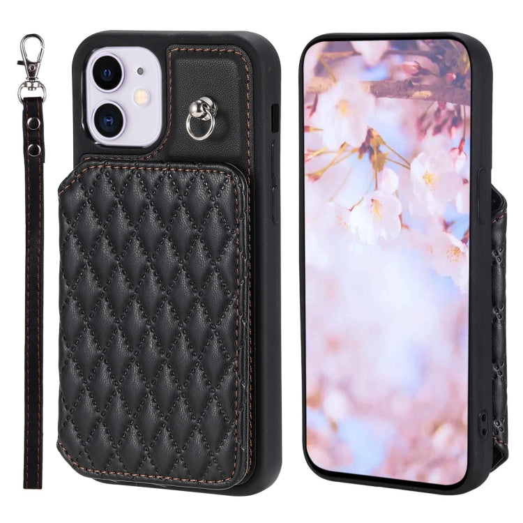 Grid Texture Card Bag Phone Case with Lanyard, For iPhone 12 Pro Max, For iPhone 11, For iPhone XR, For iPhone 8 Plus / 7 Plus