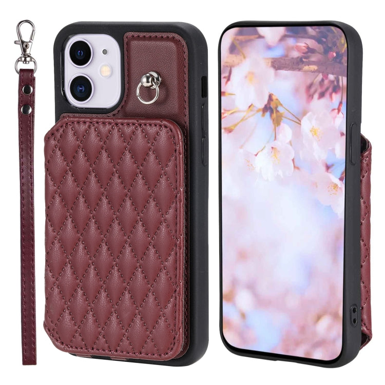 Grid Texture Card Bag Phone Case with Lanyard, For iPhone 12 Pro Max, For iPhone 11, For iPhone XR, For iPhone 8 Plus / 7 Plus