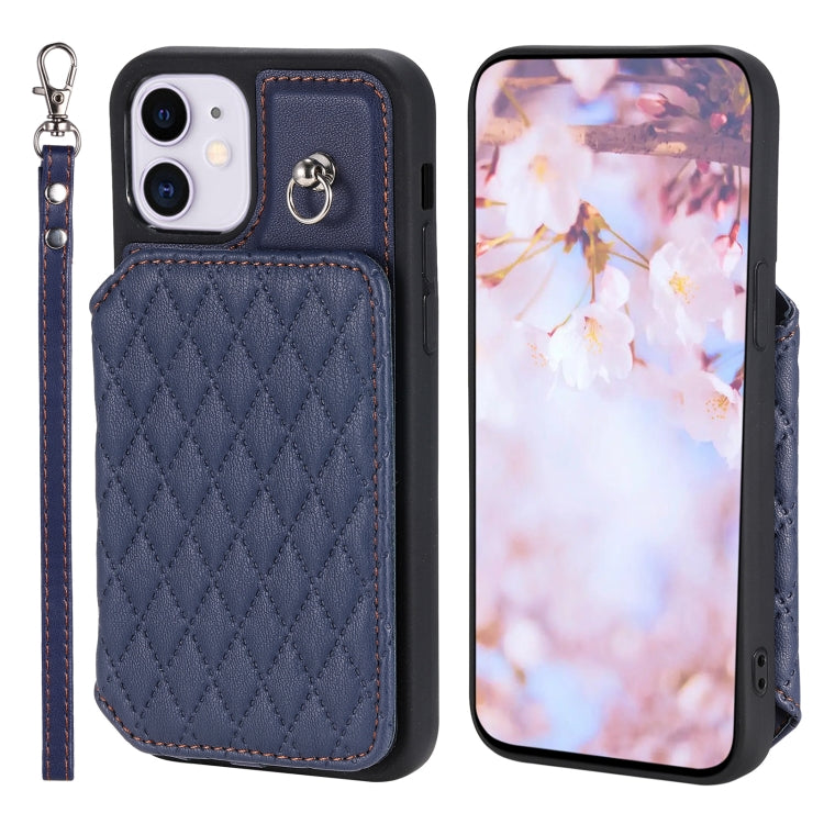 Grid Texture Card Bag Phone Case with Lanyard, For iPhone 12 Pro Max, For iPhone 11, For iPhone XR, For iPhone 8 Plus / 7 Plus