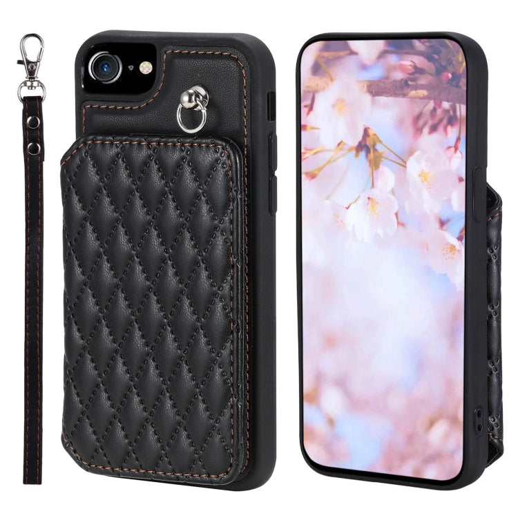 Grid Texture Card Bag Phone Case with Lanyard, For iPhone 14, For iPhone 14 Pro, For iPhone 14 Pro Max, For iPhone SE 2022 / 2020 / 8 / 7