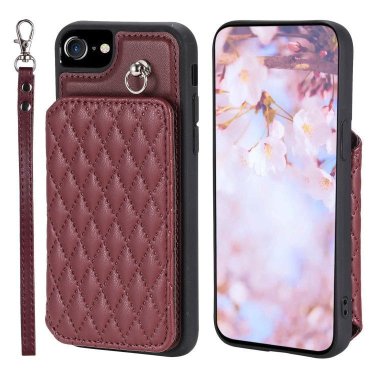 Grid Texture Card Bag Phone Case with Lanyard, For iPhone 14, For iPhone 14 Pro, For iPhone 14 Pro Max, For iPhone SE 2022 / 2020 / 8 / 7
