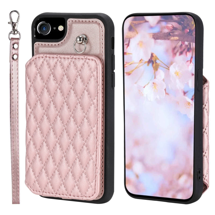 Grid Texture Card Bag Phone Case with Lanyard, For iPhone 14, For iPhone 14 Pro, For iPhone 14 Pro Max, For iPhone SE 2022 / 2020 / 8 / 7