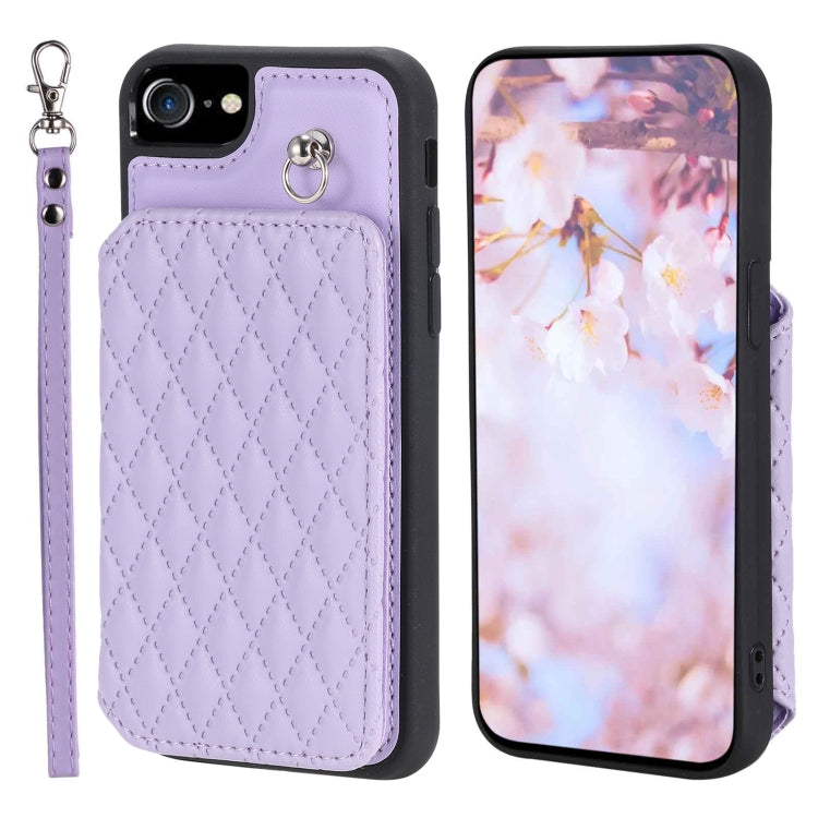 Grid Texture Card Bag Phone Case with Lanyard, For iPhone 14, For iPhone 14 Pro, For iPhone 14 Pro Max, For iPhone SE 2022 / 2020 / 8 / 7