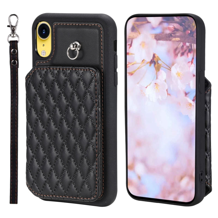 Grid Texture Card Bag Phone Case with Lanyard, For iPhone 12 Pro Max, For iPhone 11, For iPhone XR, For iPhone 8 Plus / 7 Plus