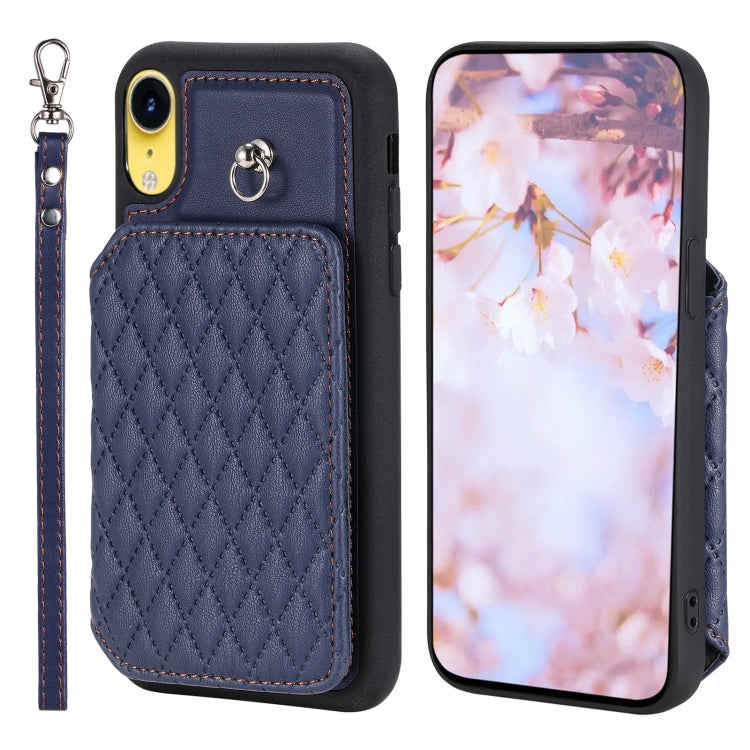 Grid Texture Card Bag Phone Case with Lanyard, For iPhone 12 Pro Max, For iPhone 11, For iPhone XR, For iPhone 8 Plus / 7 Plus