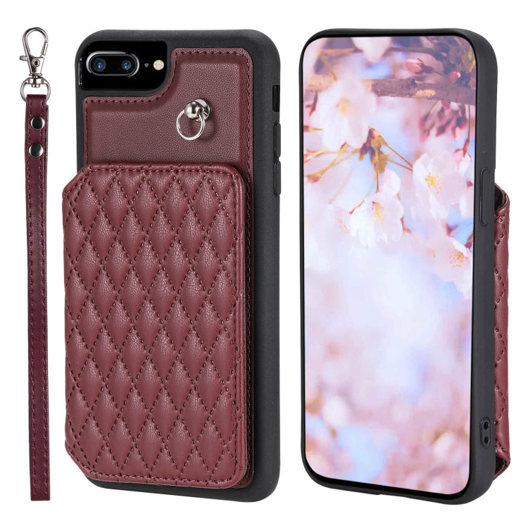 Grid Texture Card Bag Phone Case with Lanyard, For iPhone 12 Pro Max, For iPhone 11, For iPhone XR, For iPhone 8 Plus / 7 Plus