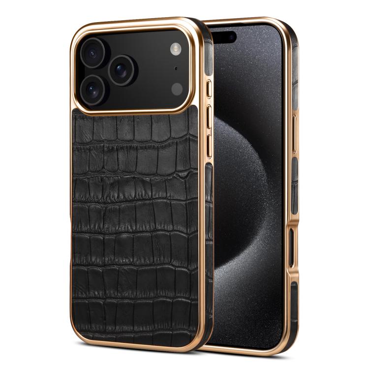 Denior Crocodile Texture Genuine Leather Electroplating Phone Case, For iPhone 16 Pro Max, For iPhone 16 Pro, For iPhone 16 Plus, For iPhone 16, For iPhone 15 Pro Max, For iPhone 15 Pro