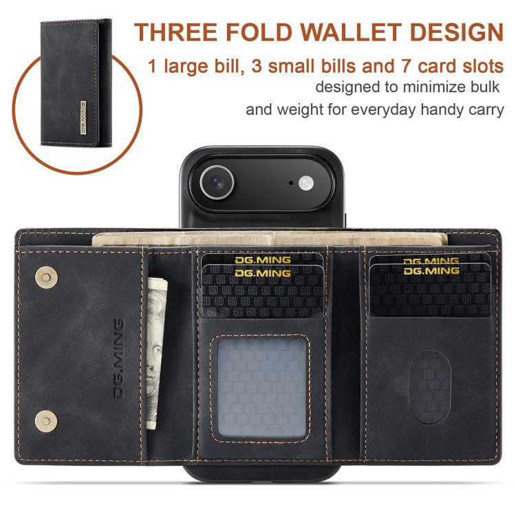 DG.MING M1 Series 3-Fold Multi Card Wallet Leather Phone Case, For iPhone 16e, For iPhone 16 Pro Max, For iPhone 16 Pro, For iPhone 16 Plus