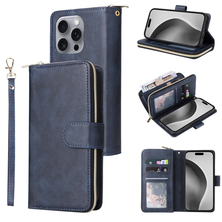 9 Card Slots Zipper Wallet Bag Leather Phone Case, For iPhone 16, For iPhone 15 Pro Max, For iPhone 15 Pro, For iPhone 15 Plus