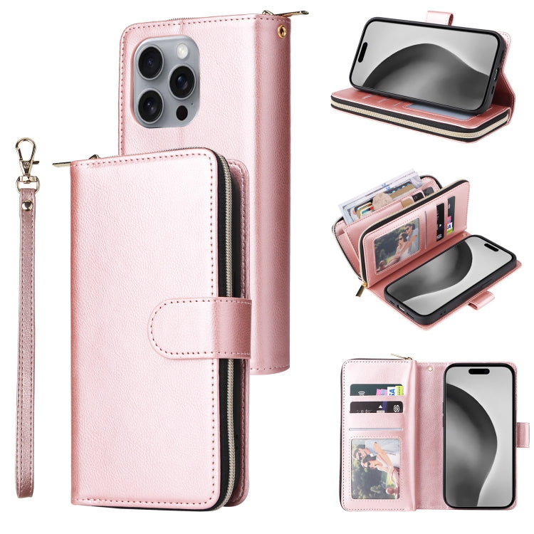 9 Card Slots Zipper Wallet Bag Leather Phone Case, For iPhone 16, For iPhone 15 Pro Max, For iPhone 15 Pro, For iPhone 15 Plus
