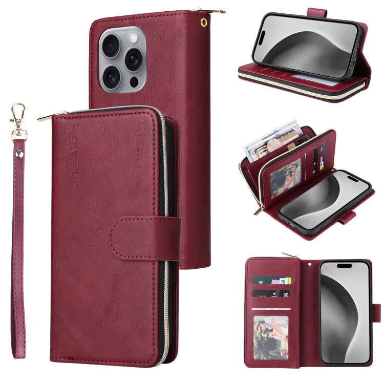 9 Card Slots Zipper Wallet Bag Leather Phone Case, For iPhone 16, For iPhone 15 Pro Max, For iPhone 15 Pro, For iPhone 15 Plus