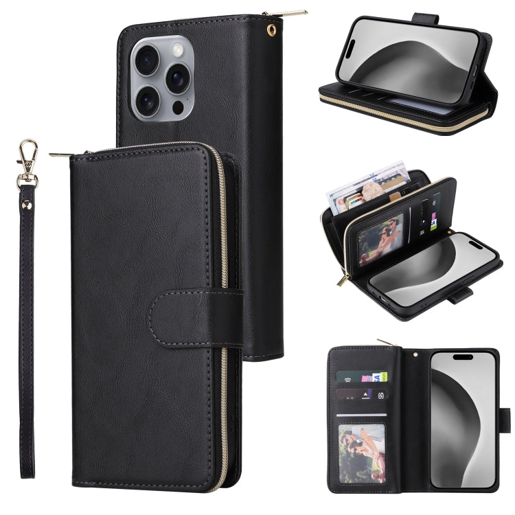 9 Card Slots Zipper Wallet Bag Leather Phone Case, For iPhone 16, For iPhone 15 Pro Max, For iPhone 15 Pro, For iPhone 15 Plus