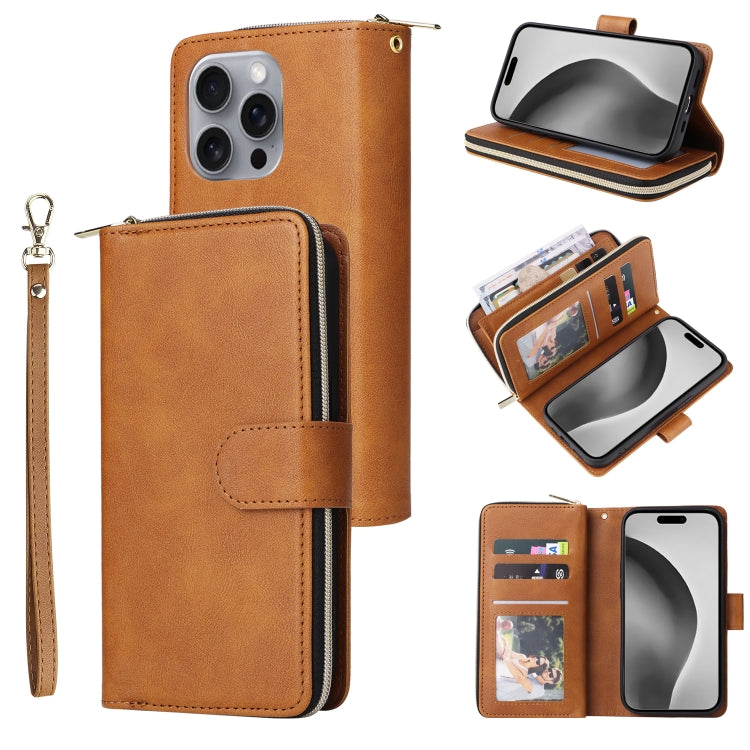9 Card Slots Zipper Wallet Bag Leather Phone Case, For iPhone 16, For iPhone 15 Pro Max, For iPhone 15 Pro, For iPhone 15 Plus