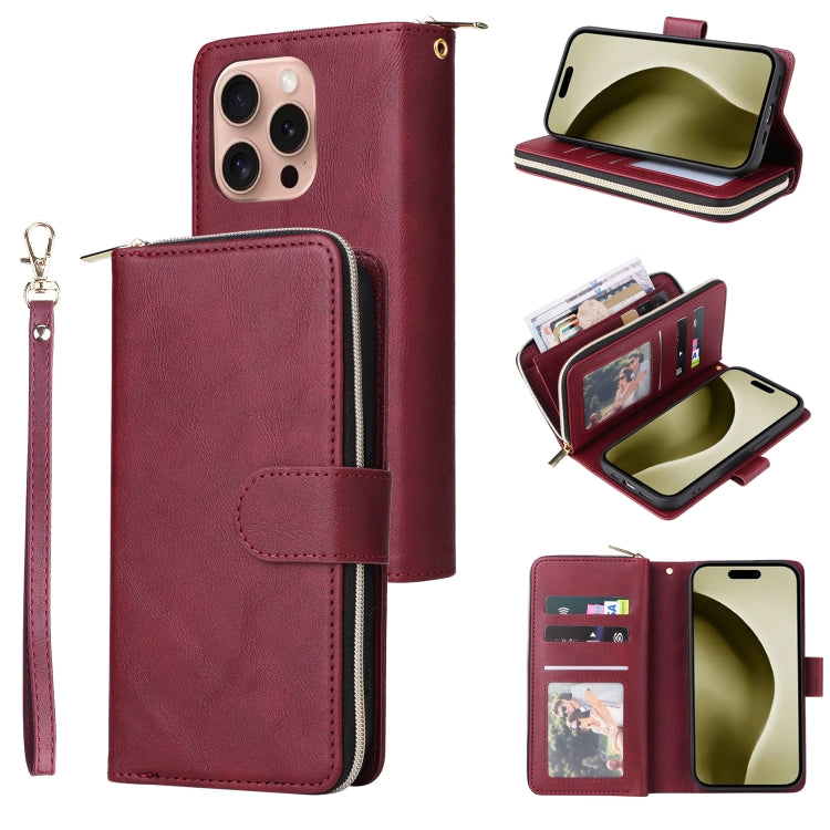 9 Card Slots Zipper Wallet Bag Leather Phone Case, For iPhone 16, For iPhone 15 Pro Max, For iPhone 15 Pro, For iPhone 15 Plus